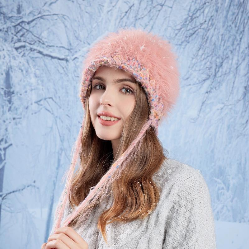 Women Autumn Winter Warm Thicken Ear Protector Hat Cold Velvet Outdoor Cycling Knitted Hats Sweet Cute Plush Hood Cap