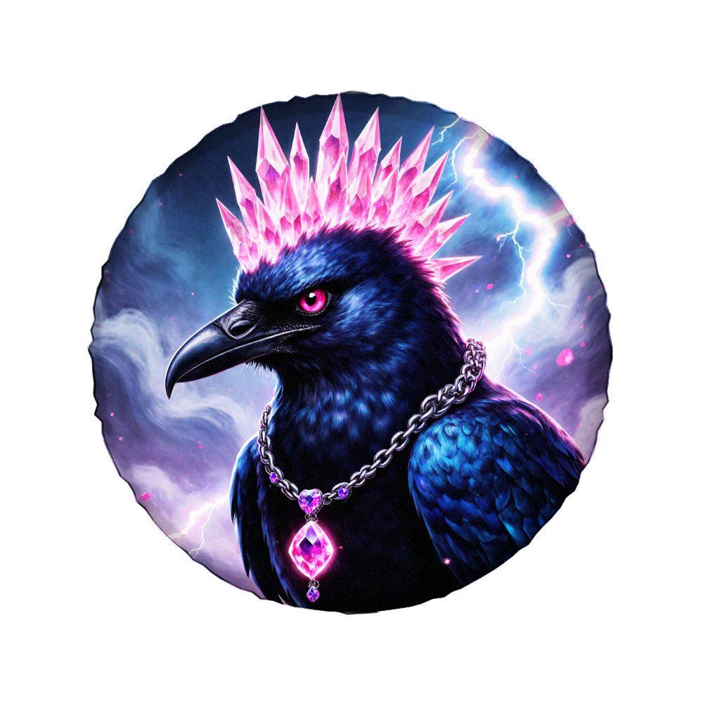 Tire Cover With A Fantasy Crow Totem, Made Of Polyester Fiber, Featuring Black Feathers And A Pink Crystal Head With A Pink Gems