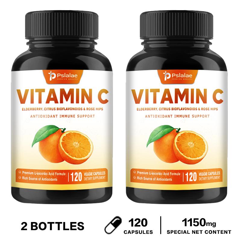 All-natural Vitamin C capsules with rosehip and elderberry extract; supports immune health; suitable for adults.
