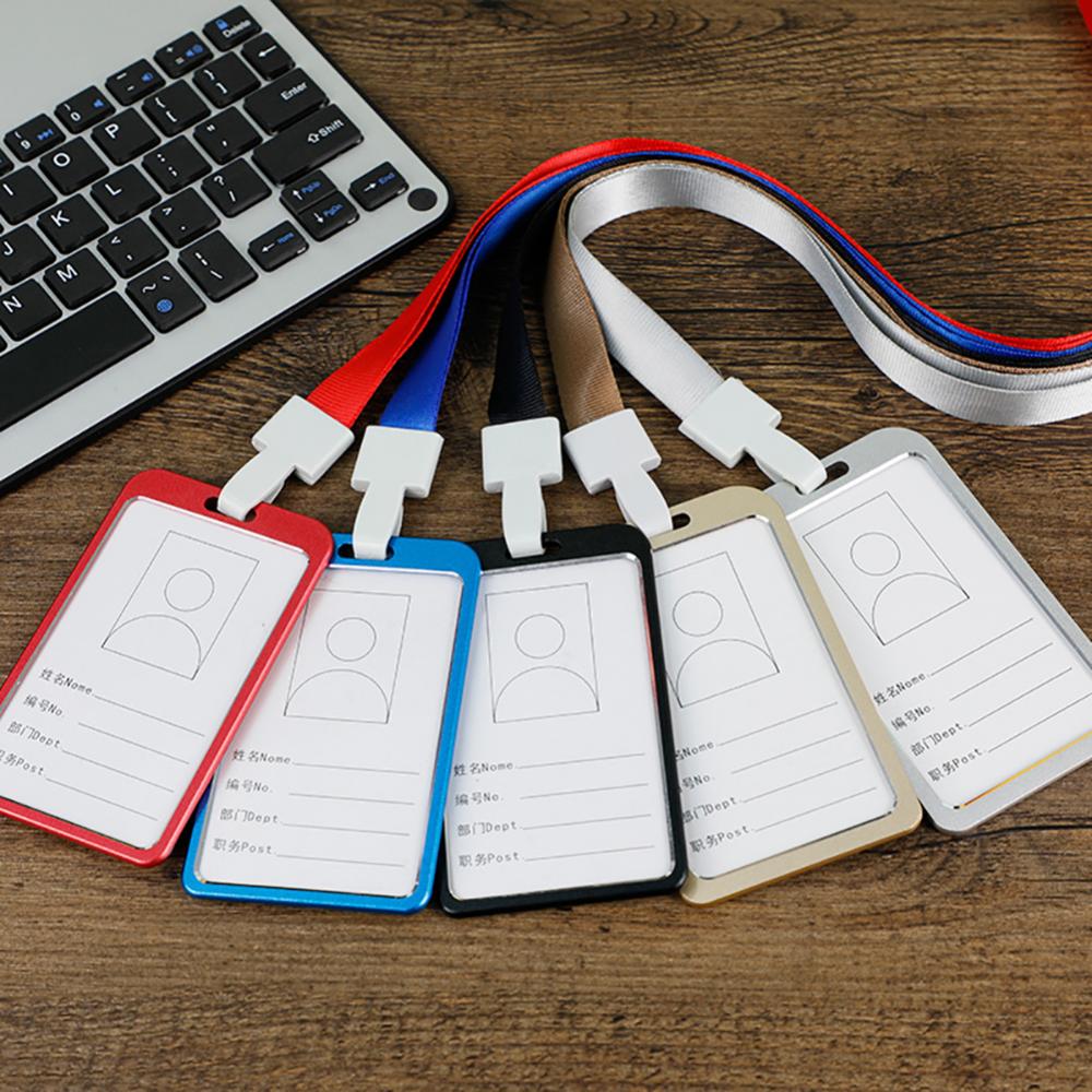Company Factory Work ID Card Holder Metal Aluminum Alloy Vertical Name ID Card Badge Holder With Neck Straps Lanyard
