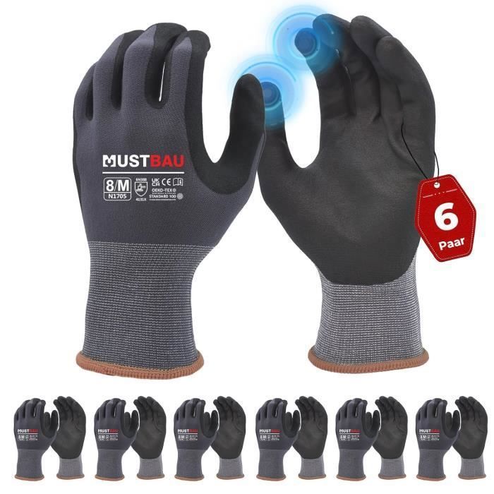 Gants de Travail - Mustbau - N1705 - Écran Tactile - Résistants à l'Abrasion - Taille M