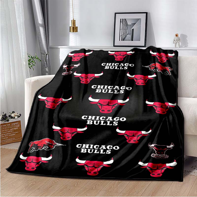Chicago Bulls Logo Red Black Diagonal Stripe Print Flannel Blanket Soft Lightweight Throw Blanket Basketball Fan Sofa Bedroom Home Decor Gift