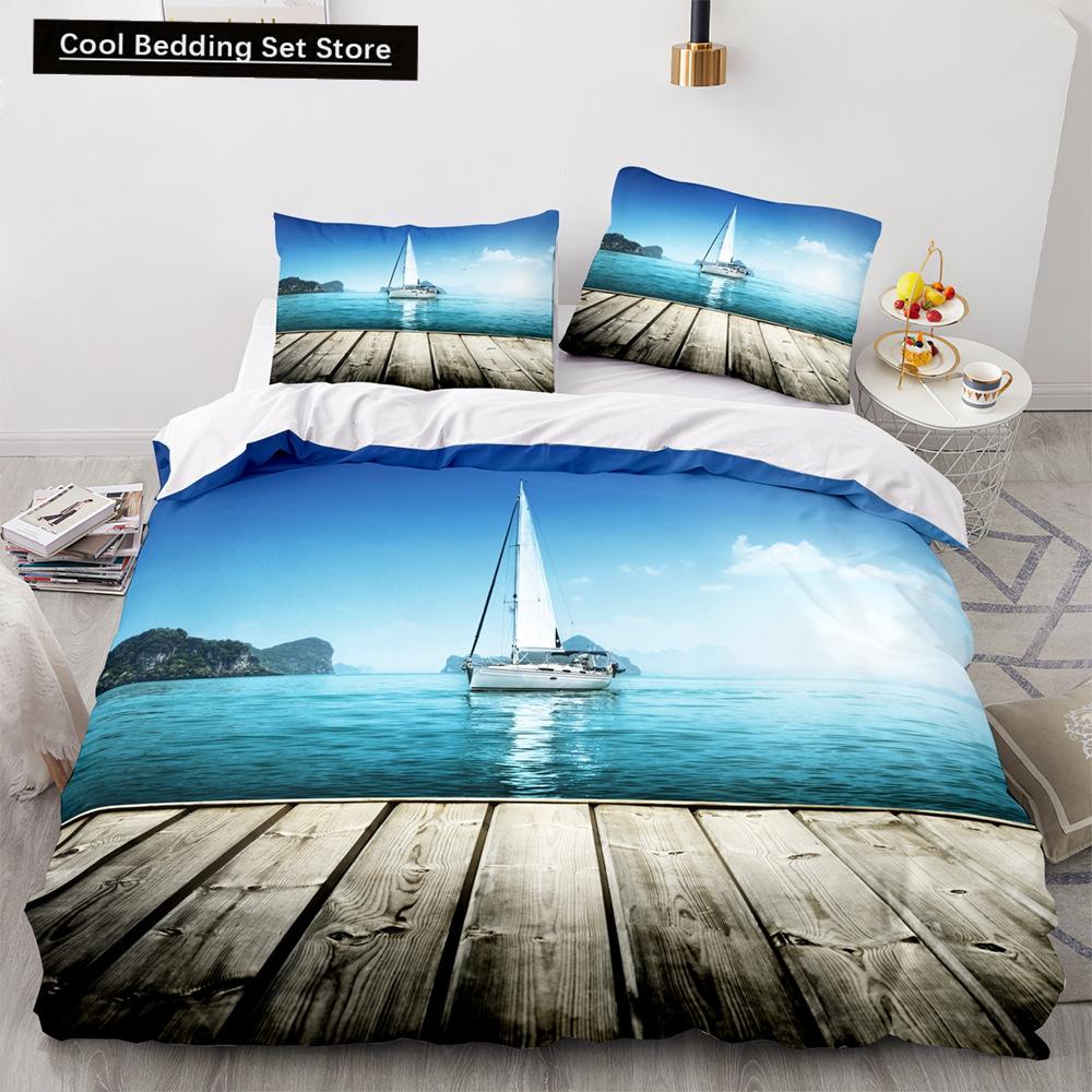 Vintage Sailboat King Queen Duvet Cover Nautical Ocean Bedding Set for Teens Adults Ship Fire Black 2/3pcs Polyester Quilt Cover