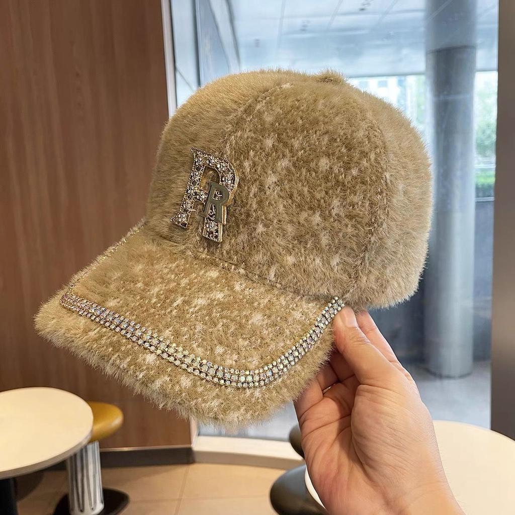 Women's Korean Autumn and Winter Rhinestone Letter Baseball Cap, Outdoor Autumn and Winter Plush Warm Duckbill Cap