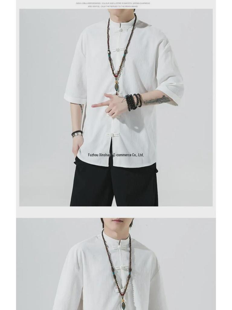 Мужская летняя рубашка из льна с коротким рукавом в стиле Тан - Топ в древнекитайском стиле Ханьфу