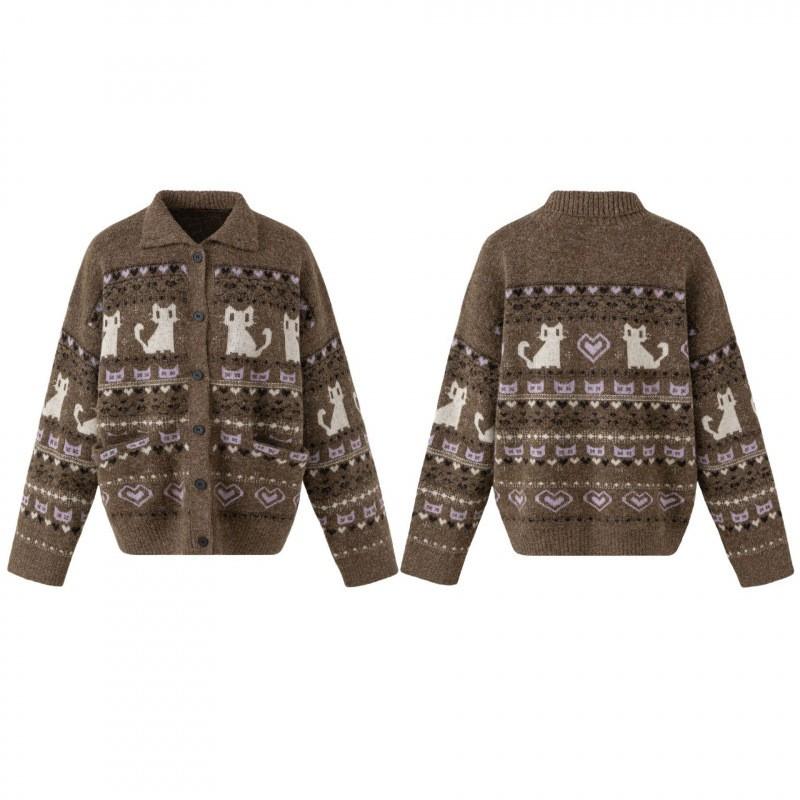 Unisex Retro Fair Isle Knit Cardigan With Collar Oversized Loose Fit Wool Blend Sweater