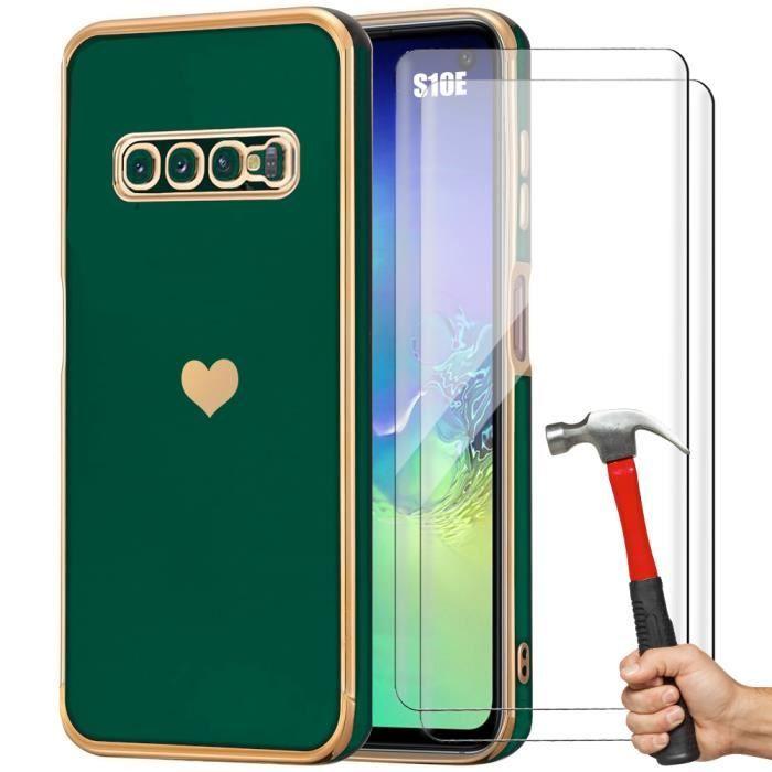 Coque pour Samsung Galaxy S10e - Antichoc - Vert Nuit - Motif Cœur Amour - 2 Verres Trempés