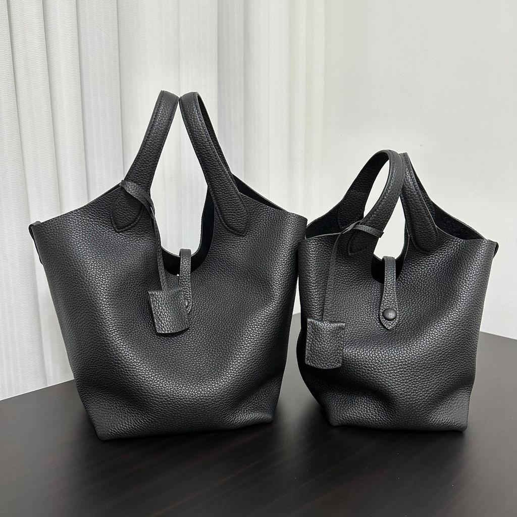 2025 New Niche Old Money Style Large Capacity Vegetable Basket Baotou Layer Lychee Cowhide Commuting Bucket Tote Bag