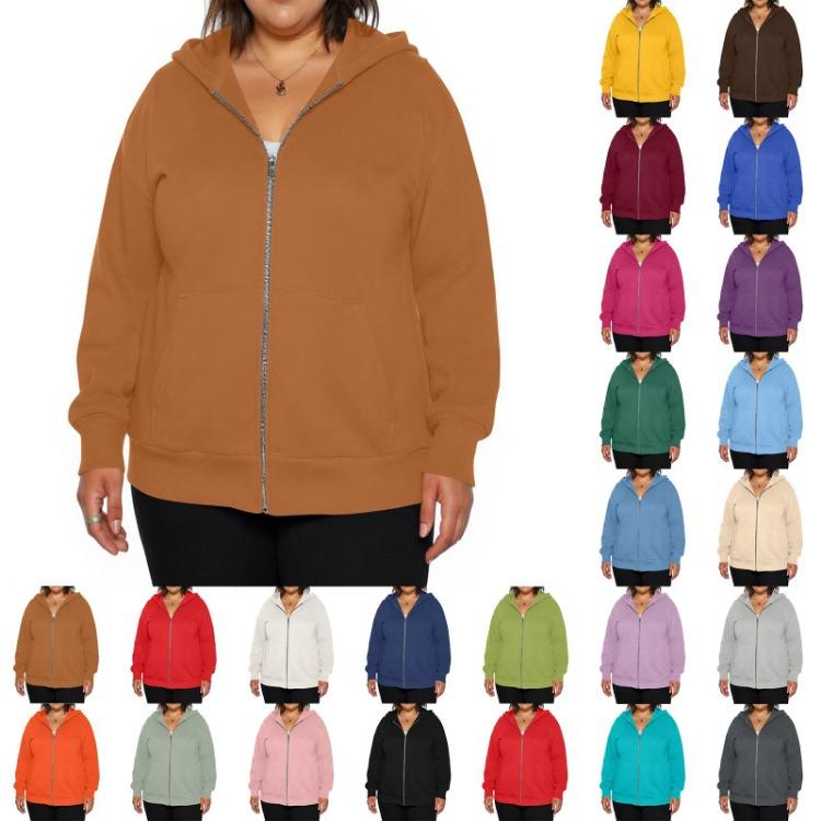 Plus Size Women Casual Hooded Jacket Long Sleeve Zipper Solid Color Fashion Outerwear