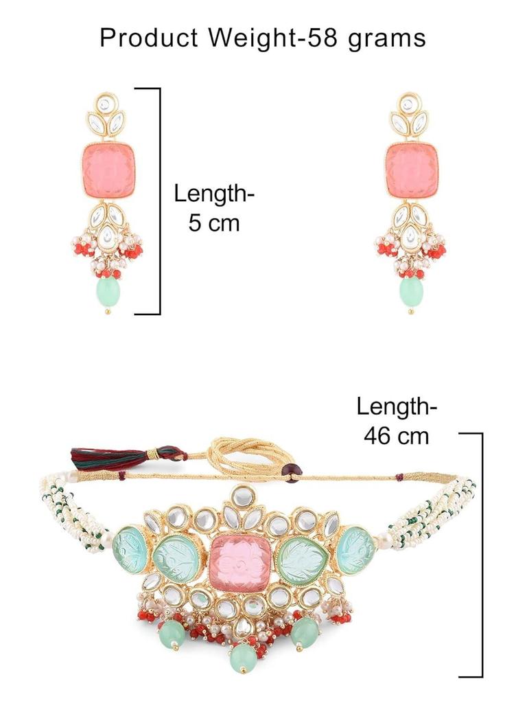 Многоцветные камни и бусины, многорядное колье-колье Kundan из бисера, ожерелье, серьги и кольца, комплект для женщин