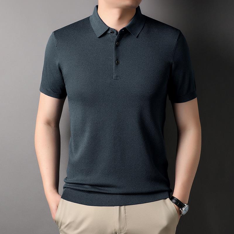 YINGAO Men's Summer Knitted Polo Shirt – Casual Loose Short Sleeve Sweater for Middle-Aged Men