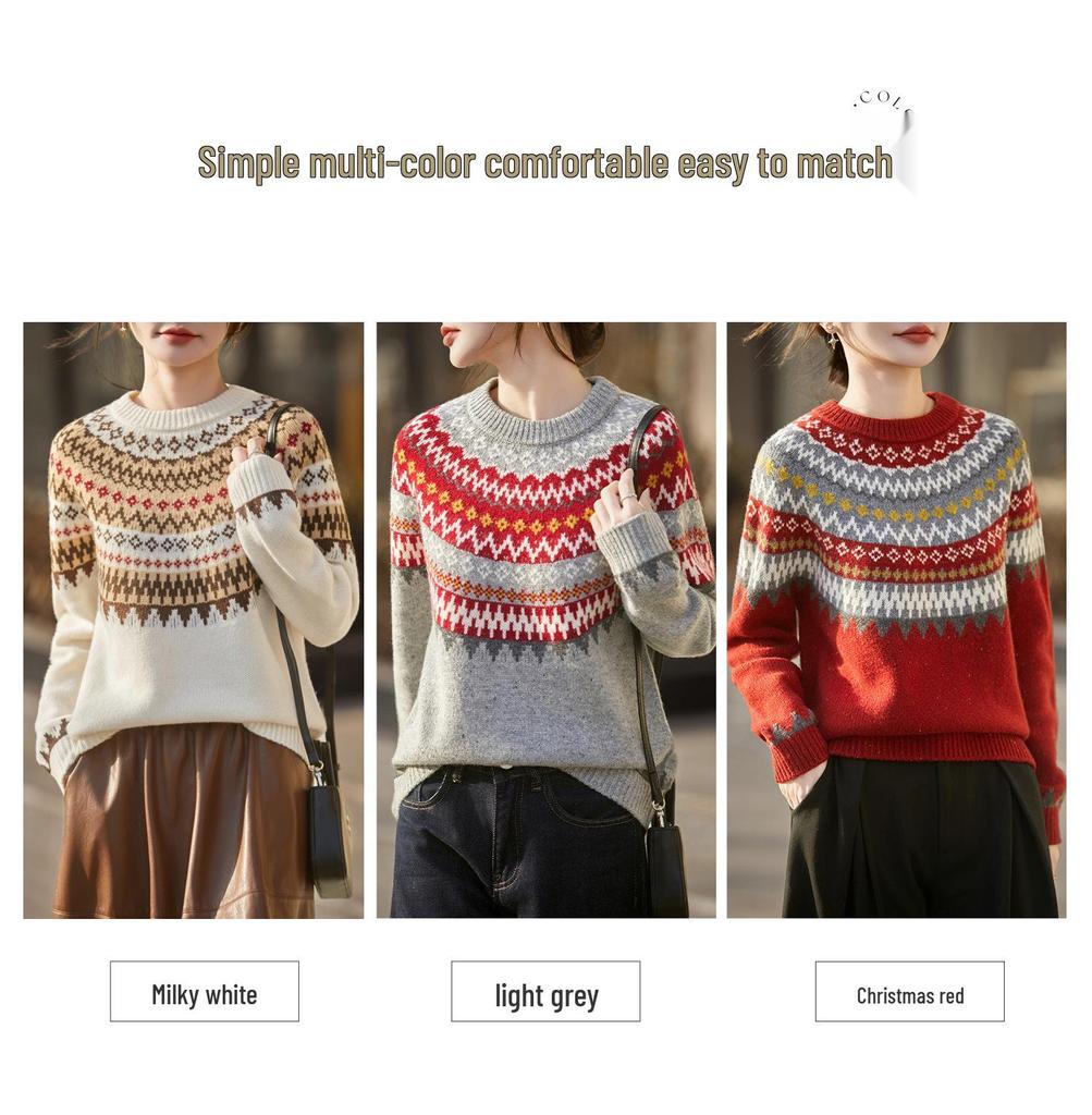 Women's Korean Style Fair Isle Wool Sweater - Loose Fit, Seamless Round Neck Jacquard Knitwear