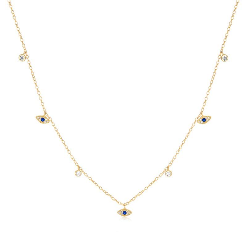 Sterling Evil Eye Zircon Pendant Necklace Women Minimalist Gold Plated O-Link Chain Adjustable 21-50cm