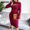 Autumn and Winter Women's Dress Sexy Hollow Out Wrap Hip Skirt Knit Dress