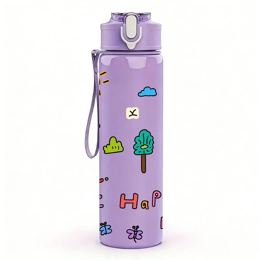 1PC Happy Day Slogan 750ml Color Plastic Sports Water Bottle Leakproof Flip Straw Lid Suitable for Sports Office Home Use