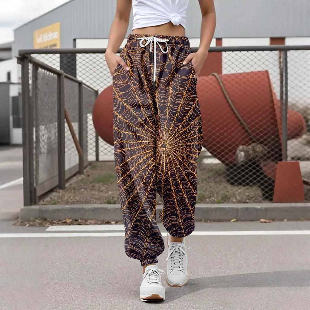 Женские повседневные модные брюки для отдыха с принтом на Хэллоуин, спортивные штаны, брюки с эластичной резинкой на талии, брюки со шнурком