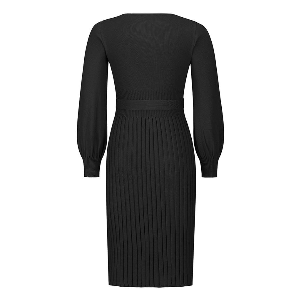 Women's Fashion Casual Solid Color Round Neck Long Sleeves Knitted Slim Fit Pleated Dress
