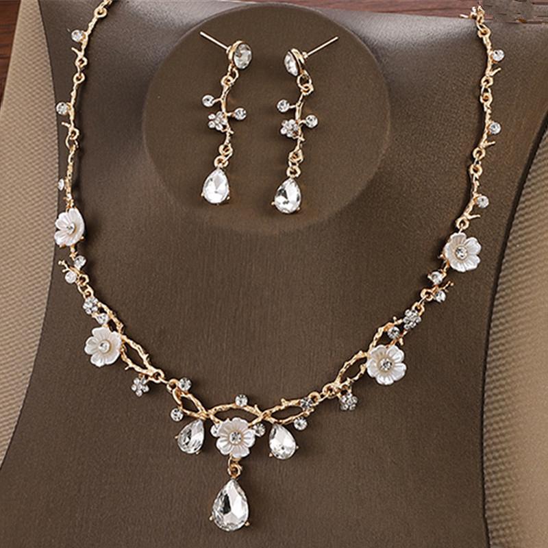 Creative Fashion Flower Crystal Costume Jewelry Rhinestone Choker Necklace Earrings Set For Women Tiaras Crown Wedding Jewelry