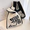 Women Wrist Handbag Cartoon Bear Rose Pattern Aesthetic Crochet Knit Tote Bag Wristlet Bag Sleeve Knot Pouch