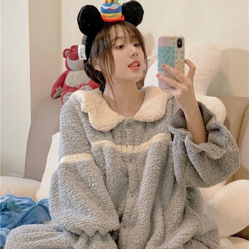 Пижамы для женщин осень-зима коралловый домашняя одежда фланель очень толстый зимний большой размер очень большой флисовый теплый костюм