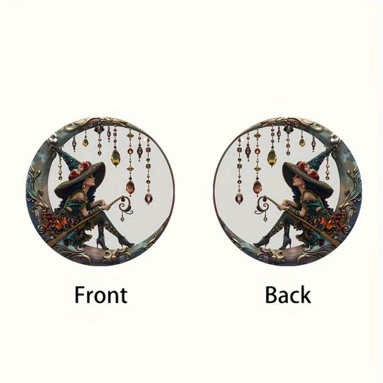 Halloween Moon Witch Hanging Decoration Stained Glass 2D Flat Acrylic Faux Crystal Pendant Witch Suncatcher Wall Window Hanging Sign Ornament