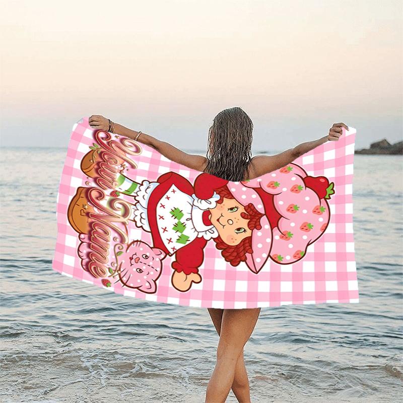 1pc Princess Strawberry Beach Towel with Custom Name, Beach and Seaside Swimming Pool Equipment, Fashion Pattern, Rectangular, Travel Essential