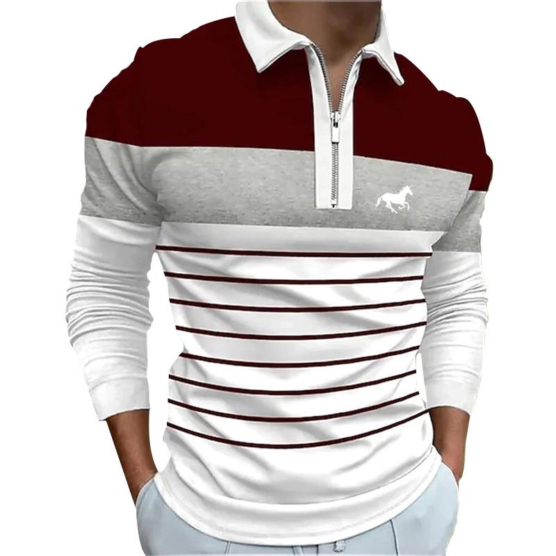 Men Fashion Spring Autumn Casual Long Sleev Zipper Polo Shirt , Men Spell Color Golf Polo Shirt Tops .