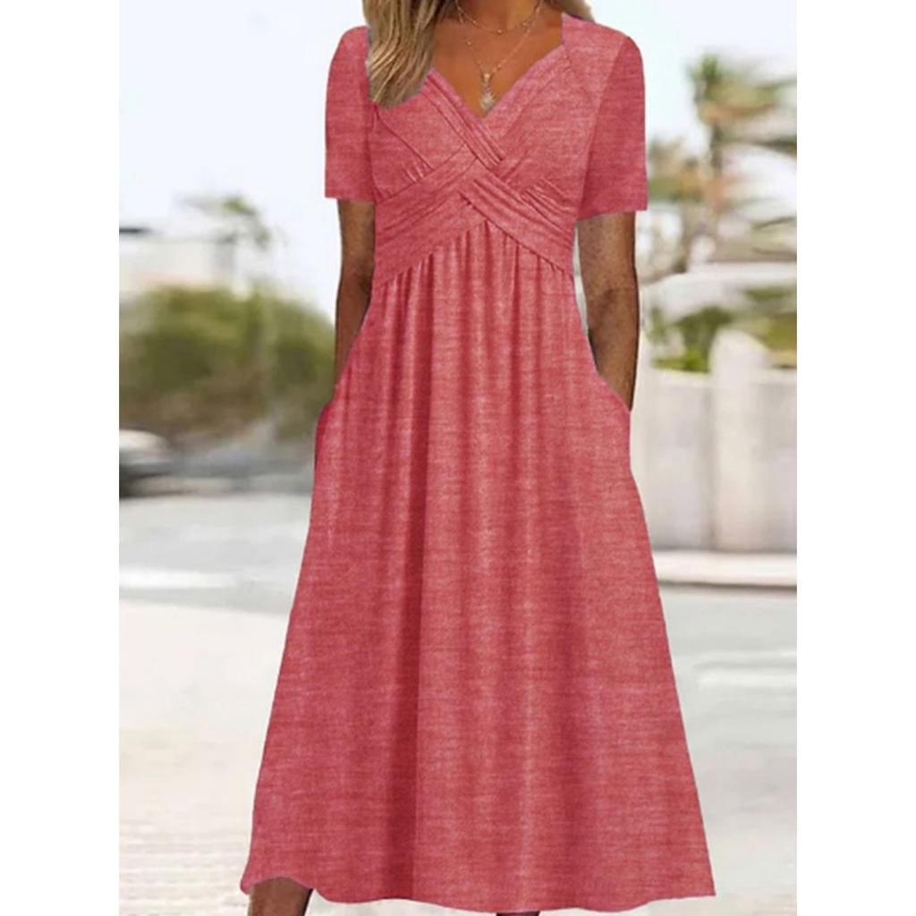 Fall New Women's Dress, Fashion Solid Color V-neck Short Sleeve Pocket Casual Dress for Women
