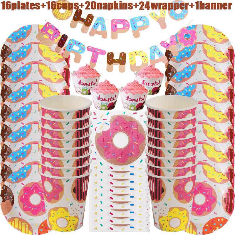 Одноразовая посуда для вечеринки в честь пончика, бумажные тарелки, стаканчики, салфетки, тема пончика, украшение для детского дня рождения, принадлежности для вечеринки в честь рождения ребенка
