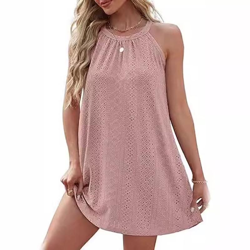 Летние женские платья, топы без рукавов с круглым вырезом и платье с лямкой на бретельках для женщин, жилет, однотонные пляжные платья