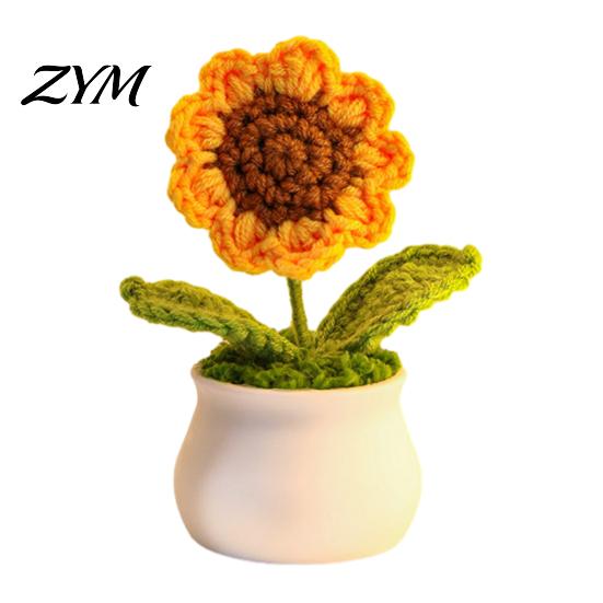 Small Potted Flowers Handmade Crochet Flower Decoration, Knit Artificial Sunflower Desktop Hand Knitted Plant Decor, Gift for Women, Mom, Teacher,