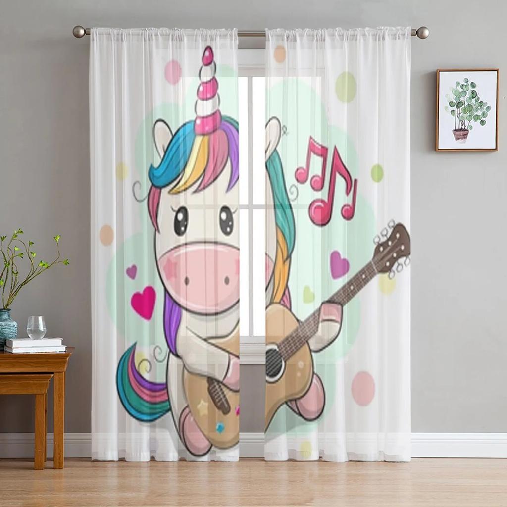 Милый мультяшный единорог с цветами, прозрачные шторы для гостиной, детская спальня, тюлевые шторы, кухонные шторы для окон