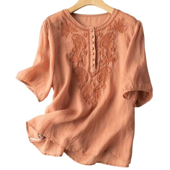 Женский топ с вышивкой и круглым вырезом Элегантный короткий рукав из хлопка и льна с винтажной вышивкой