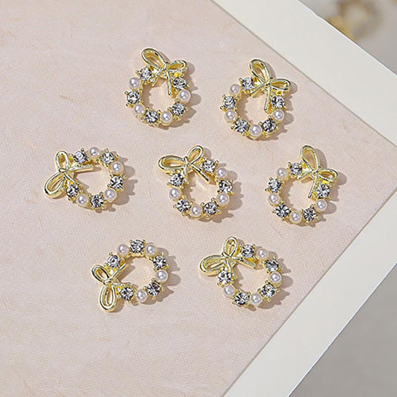 5Pcs Garland Bowknot Pearl Zircon Nail Art Charms Rhinestone Christmas Wreath Design Crystals Jewelry Nail Art Decoration