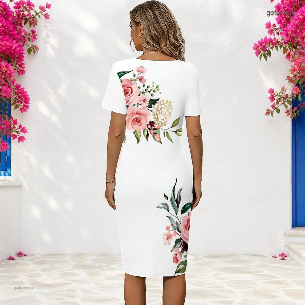 Women Plus Size Black Pink Butterfly Floral Printed Round Neck Short Sleeve Fitted Dress