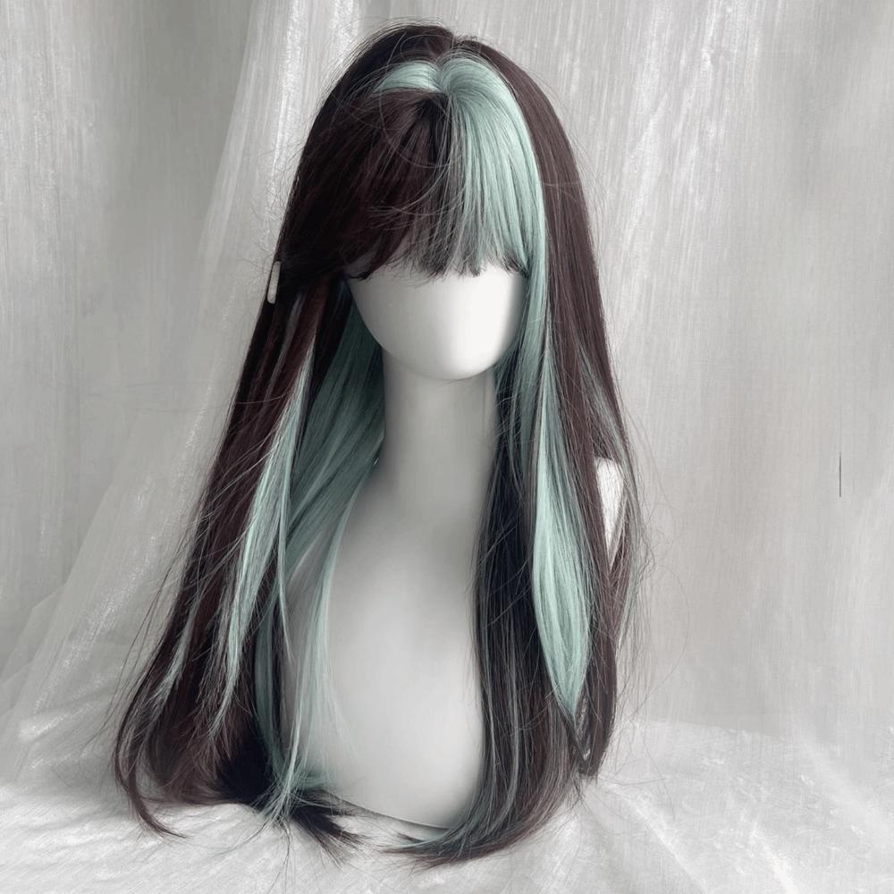 Cosplay Ombre Mint Green Brown Hair Fluffy Long Straight Wig with Bangs Halloween