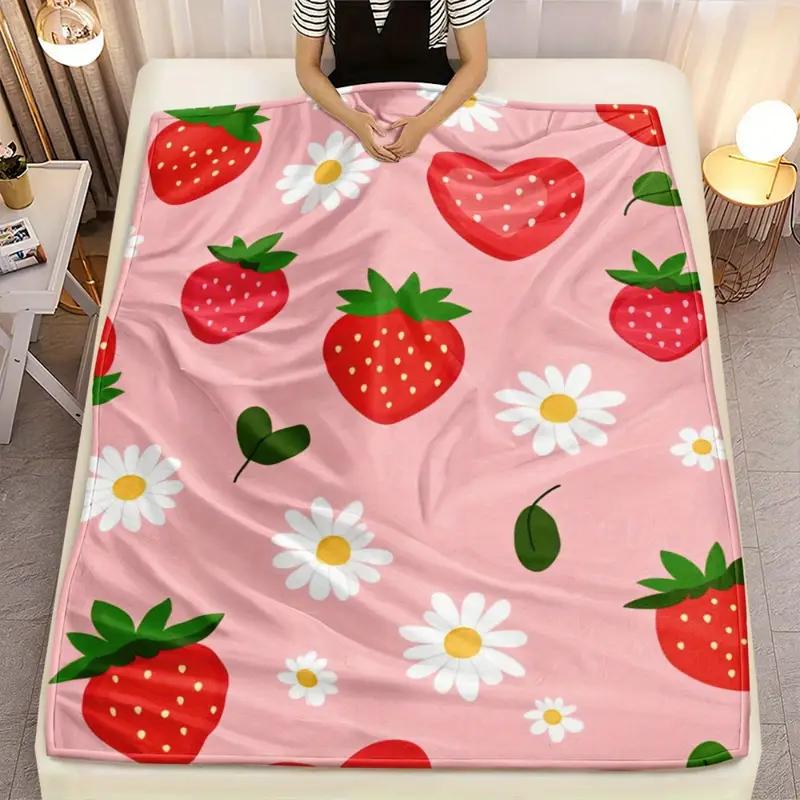 Strawberry and Sunflower Flannel Blanket - Lightweight and Warm for Sofa, Travel, Bed and Office, Christmas and Halloween
