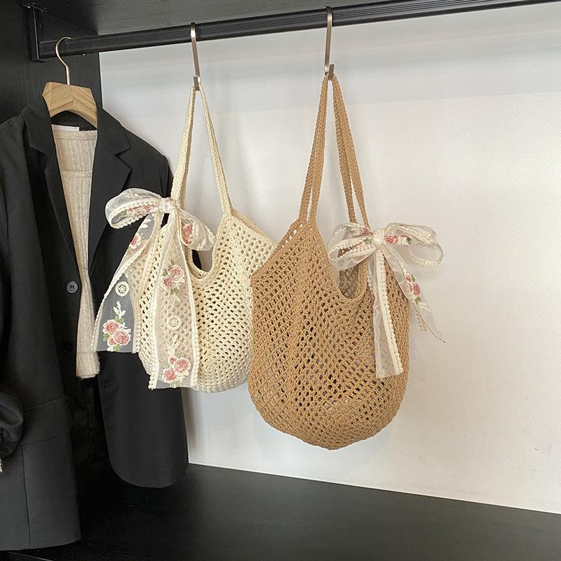 Solid Color Crochet Tote Handbag Summer Beach Scarf Decor Fashion Women's Mesh Woven Shoulder Bags Large Capacity Knitting Underarm Bag CLE