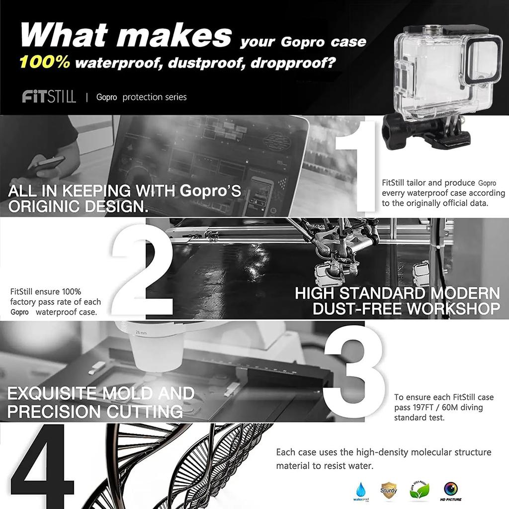 FitStill Underwater Waterproof Diving Housing Compatible with Go Pro Protective Diving Case Shell with Mount Hero 4K Accessory Kit 148ft/45m Hero,