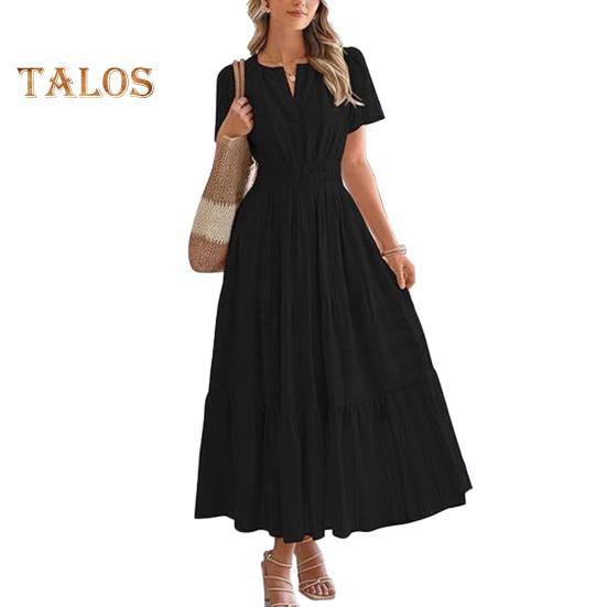 Женское летнее платье макси, повседневное платье с V-образным вырезом, коротким рукавом, многослойное струящееся платье, присборенная талия, плиссированное длинное платье