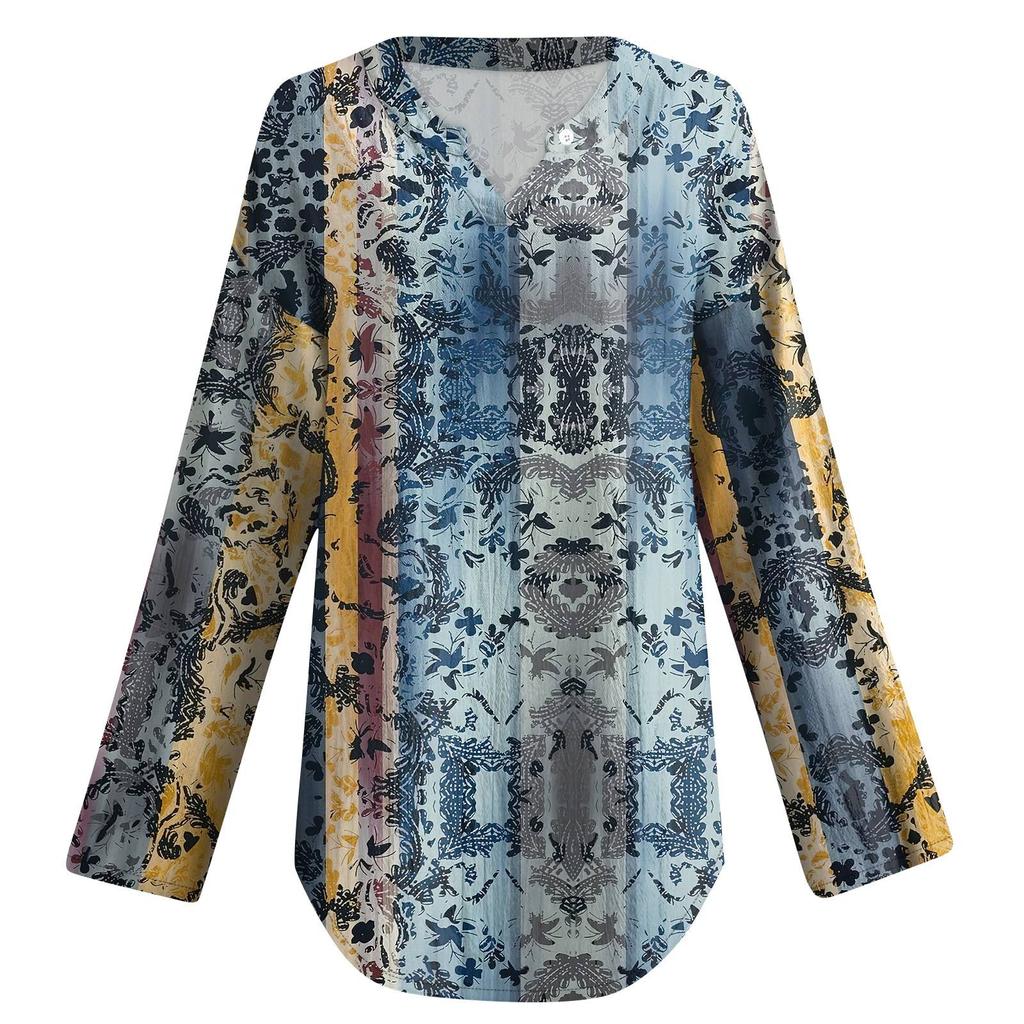 Женские модные повседневные женские топы из конопли с заниженными плечами и длинным рукавом с v-образным вырезом и принтом