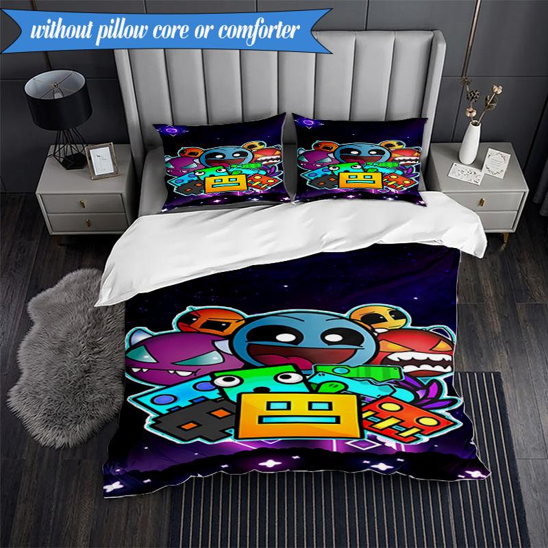 3PCS Colorful Geometry Dash Characters Bedding Set 2D Printing (Includes 1 Duvet Cover + 2 Pillowcases Coreless), Bedroom decor,Fan gift