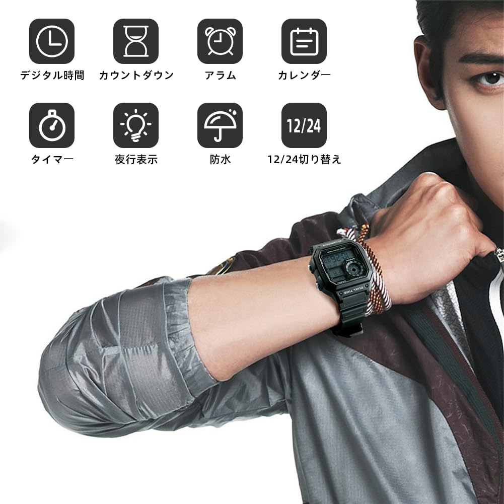 Мужские цифровые часы, Спортивный и повседневный стиль, Резиновый ремешок, Квадратный циферблат, Календарь, Отображение дня недели, Секундомер, Водонепроницаемость 50 м (красный)