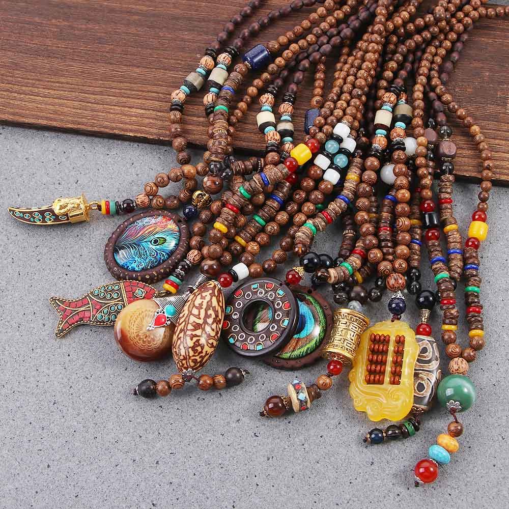 Men Handmade Nepal Horn Mala Buddhist Pendant Wood Beads Necklace Long Necklace