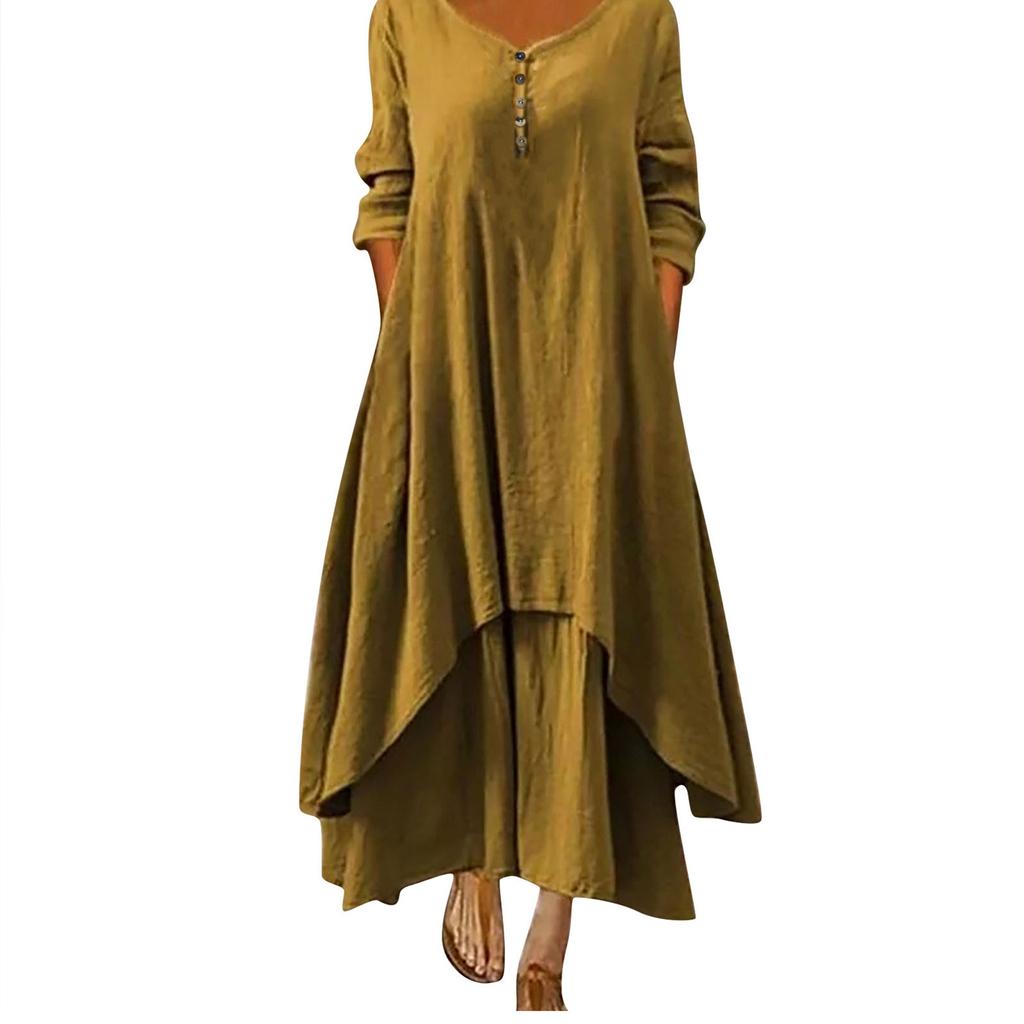 Women's Cotton Loose Shirt Dress With Button Casual Loose Maxi Dresses