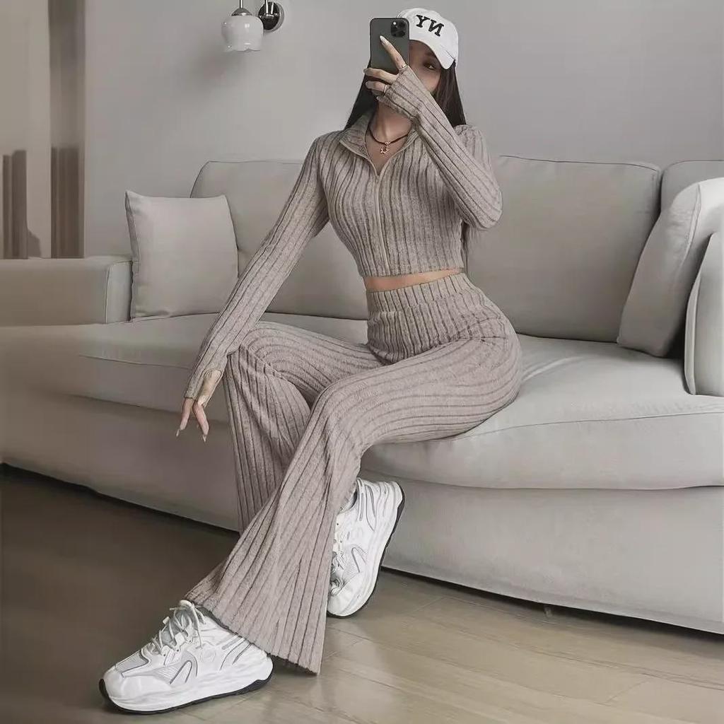 Women's Casual Ribbed Solid Color Two-Piece Set: Zipper Long Sleeve Cropped Top & High Waist Flared Pants