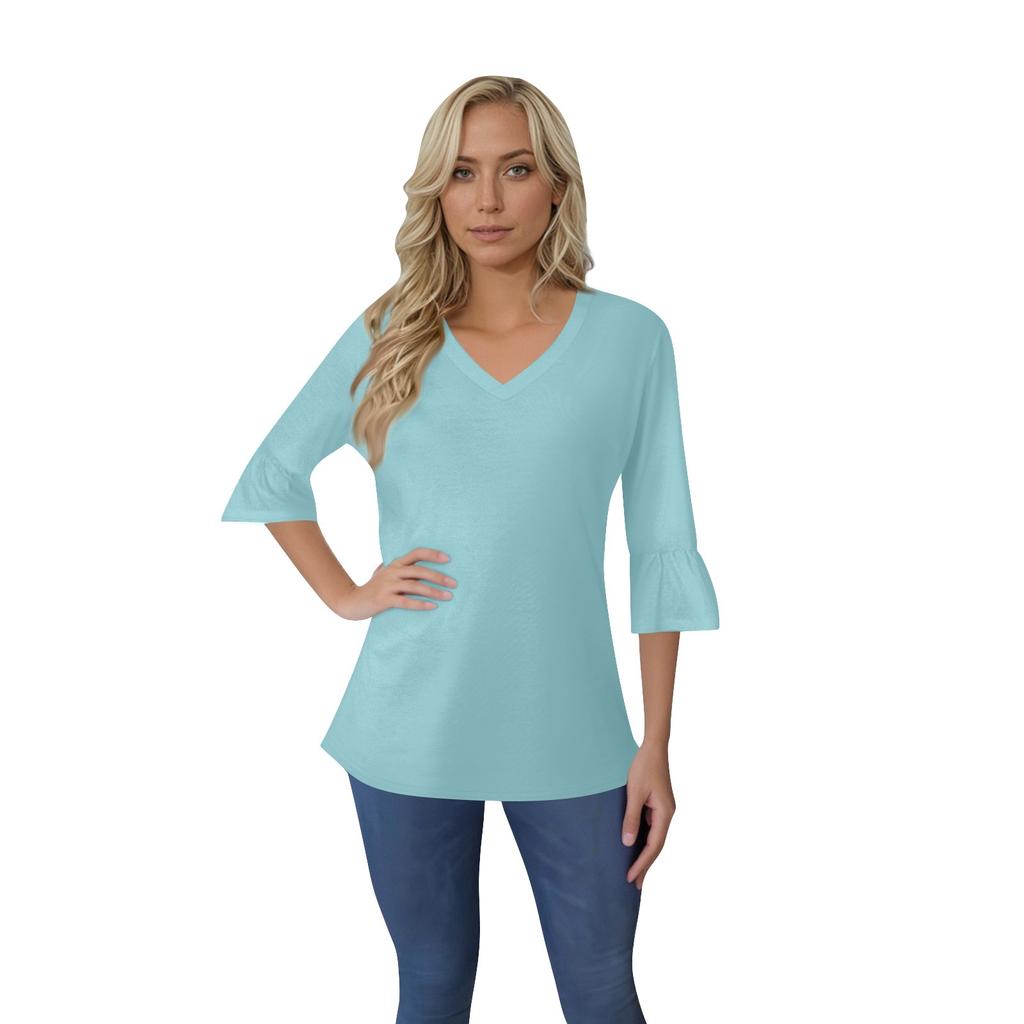 Women's Casual 3/4 Sleeve Top Summer V-neck Puffy Sleeve T-shirt Top