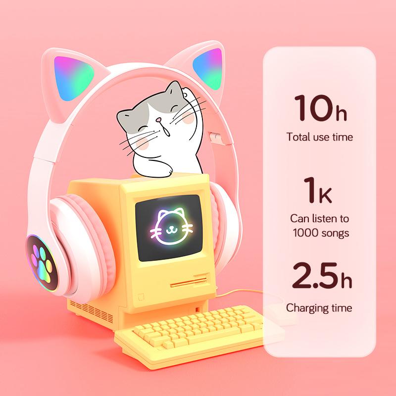 Вспышка-лампа, милые кошачьи уши, наушники Bluetooth5.0, стерео с микрофоном, поддержка TF-карты, беспроводные детские наушники для девочек, подарок на день рождения