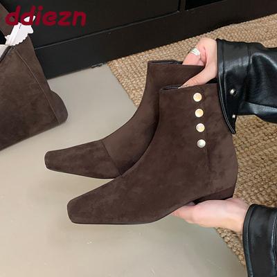 Модные женские ботильоны на плоской подошве с пуговицами, современные женские ботильоны до щиколотки, обувь с квадратным носком, модные женские ботильоны из флока