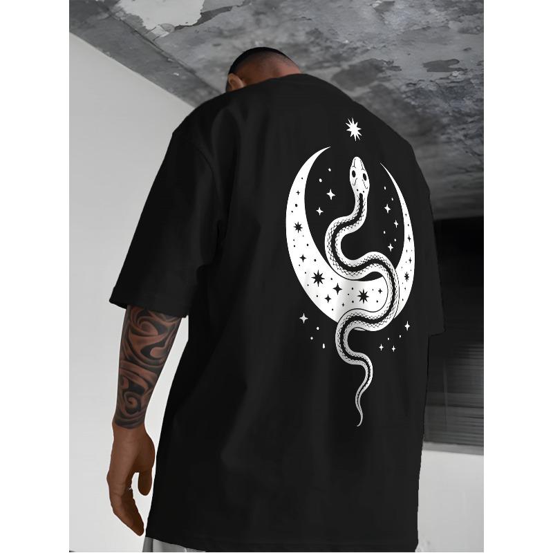 Стильная мужская футболка с принтом, Дизайн со звездами и луной, Футболка в уличном стиле, Идеально подходит для повседневной носки, Свободный крой, Футболка с круглым вырезом